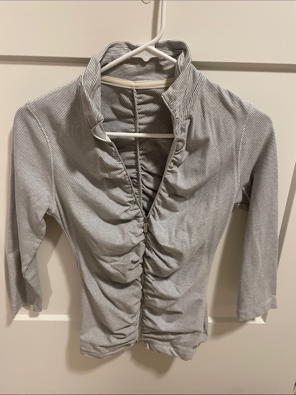 bebe Gray and White Striped Ruched Zip-Front Top